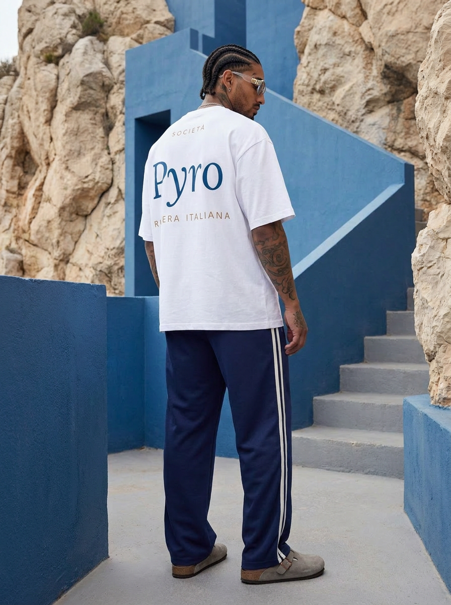 PYRO Riviera Italiana Tee – Model an der Riviera mit blauer Side-Stripe Hose